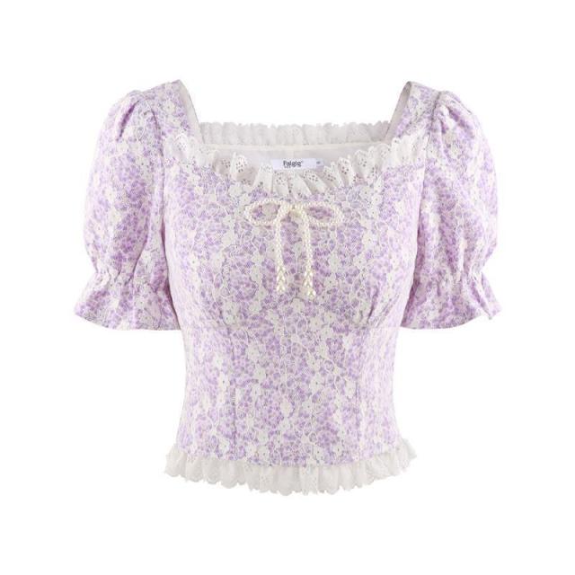Floral Elegant Blouse Female Summer 2021 Purple Sweet Cute Korean Style Top Women Lace Slim High Street Casual Shirts Boho Print