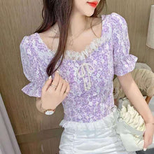 Load image into Gallery viewer, Floral Elegant Blouse Female Summer 2021 Purple Sweet Cute Korean Style Top Women Lace Slim High Street Casual Shirts Boho Print