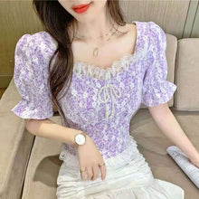 Load image into Gallery viewer, Floral Elegant Blouse Female Summer 2021 Purple Sweet Cute Korean Style Top Women Lace Slim High Street Casual Shirts Boho Print