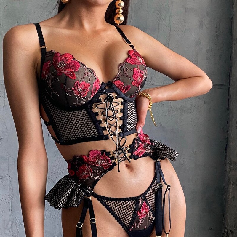 Floral Embroidered Strappy Ruffle Shaping Women's Sexy Mesh Sheer Lingerie Set Three Point Push Up Bra Set with Garter Belt