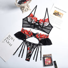 Load image into Gallery viewer, Floral Embroidered Strappy Ruffle Shaping Women&#39;s Sexy Mesh Sheer Lingerie Set Three Point Push Up Bra Set with Garter Belt