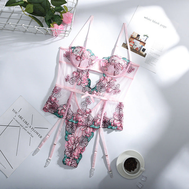 Floral Embroidery Lingerie Bodysuit Lace Bodysuit Women Sexy Mesh Top See-Through Underwire Bra with Garters Exotic Bodysuit