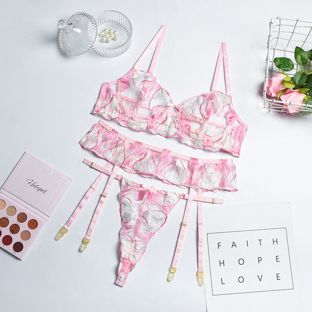Floral Embroidery Sensual Lingerie Women's Underwear Fancy Transparent Bra and Brief Set with Graters Sexy Lace Erotic Intimate