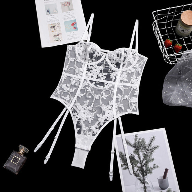 Floral Embroidery Sexy Lingerie Sling Bodysuit Lace Straps Women Mesh See-Through Sensual Lingerie Exotic Garters Underwear Set