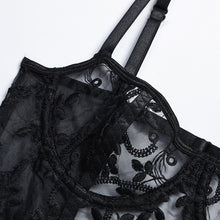 Load image into Gallery viewer, Floral Embroidery Sexy Lingerie Sling Bodysuit Lace Straps Women Mesh See-Through Sensual Lingerie Exotic Garters Underwear Set