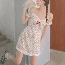 Load image into Gallery viewer, Floral Kawaii Sexy Party Mini Dresses Women Off Shoulder Print Sweet Beach Strap Dress Lace Chiffon Casual Summer Sundress 2021