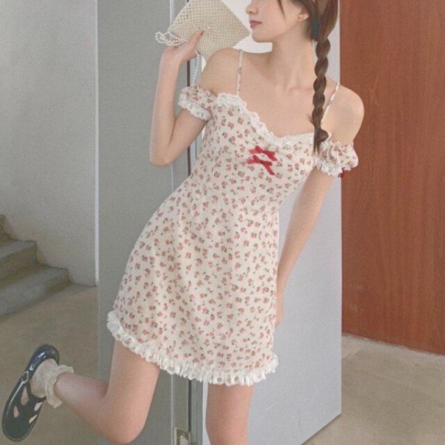 Floral Kawaii Sexy Party Mini Dresses Women Off Shoulder Print Sweet Beach Strap Dress Lace Chiffon Casual Summer Sundress 2021