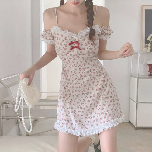 Floral Kawaii Sexy Party Mini Dresses Women Off Shoulder Print Sweet Beach Strap Dress Lace Chiffon Casual Summer Sundress 2021