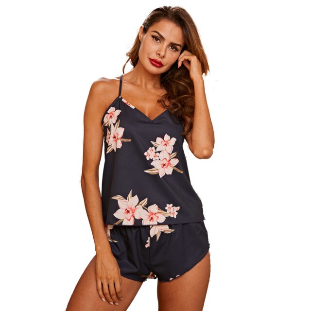 Floral Print Cami Top With Shorts Satin Night Set Ladies Sleepwear Sexy Pajamas Set Soft Homewear