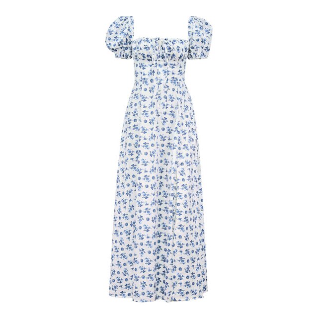 Floral Print Dress Sweet Puff Sleeve Side Spilt Drawstring A Line Midi Dresses Women Summer Party Chic Casual Outfits 2021 New