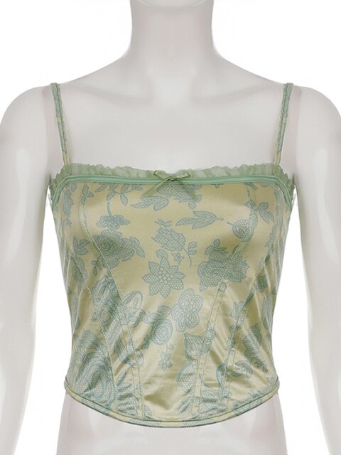 Floral Print Fairycore Aesthetic Corset Camis Strap Mesh Ruffles Trim Green Y2K Korean Clothing Overbust  Tank Tops Hot Softgirl