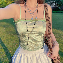 Load image into Gallery viewer, Floral Print Fairycore Aesthetic Corset Camis Strap Mesh Ruffles Trim Green Y2K Korean Clothing Overbust  Tank Tops Hot Softgirl