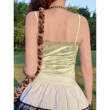 Load image into Gallery viewer, Floral Print Fairycore Aesthetic Corset Camis Strap Mesh Ruffles Trim Green Y2K Korean Clothing Overbust  Tank Tops Hot Softgirl