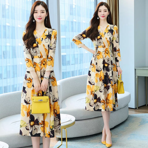 Floral Print High Waist V-neck Midi Dress for Women Long Sleeve Chiffon Elegant Vintage Plus Size Slim Dresses Female Clothes