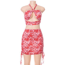 Load image into Gallery viewer, Floral Print Mini Dress Sets Women Fashion Summer Holiday Party Halter Crop Top Short Skirt Suits Backless Tight 2 Two Piece Set