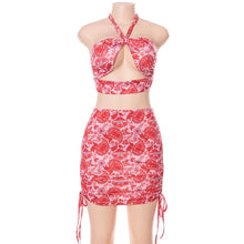 Load image into Gallery viewer, Floral Print Mini Dress Sets Women Fashion Summer Holiday Party Halter Crop Top Short Skirt Suits Backless Tight 2 Two Piece Set