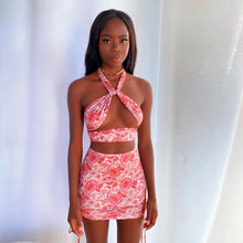 Load image into Gallery viewer, Floral Print Mini Dress Sets Women Fashion Summer Holiday Party Halter Crop Top Short Skirt Suits Backless Tight 2 Two Piece Set