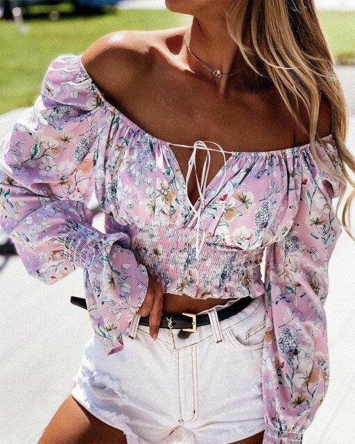 Floral Print Off Shoulder Notched Shirred Frill Hem Crop Tops Women Blouses