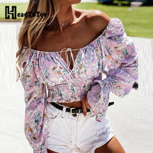 Load image into Gallery viewer, Floral Print Off Shoulder Notched Shirred Frill Hem Crop Tops Women Blouses