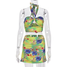 Load image into Gallery viewer, Floral Print Sexy Backless Bodycon Club Party Dress Women Two Piece Set Halter Crop Top and Mini Skirts Summer Vacation Outfits