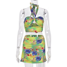 Load image into Gallery viewer, Floral Print Sexy Backless Bodycon Club Party Dress Women Two Piece Set Halter Crop Top and Mini Skirts Summer Vacation Outfits