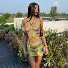 Load image into Gallery viewer, Floral Print Sexy Backless Bodycon Club Party Dress Women Two Piece Set Halter Crop Top and Mini Skirts Summer Vacation Outfits