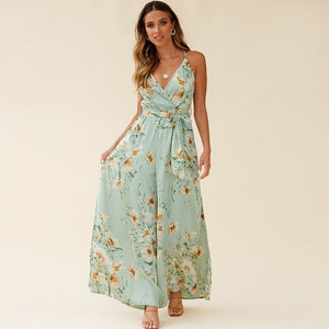 Floral Print Wide Leg Split Fork V Neck Sleeveless Sling Rompers Women Casual Streetwear Beach Party Holiday Jumpsuits