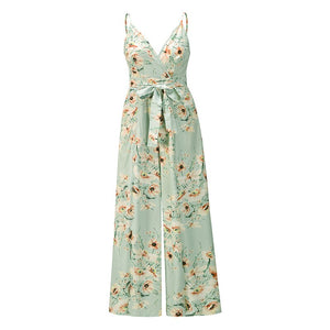 Floral Print Wide Leg Split Fork V Neck Sleeveless Sling Rompers Women Casual Streetwear Beach Party Holiday Jumpsuits
