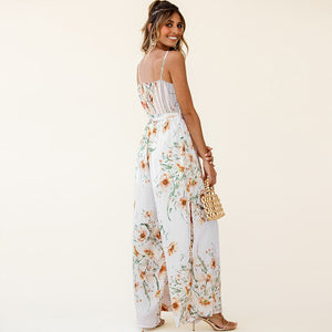 Floral Print Wide Leg Split Fork V Neck Sleeveless Sling Rompers Women Casual Streetwear Beach Party Holiday Jumpsuits