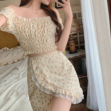 Load image into Gallery viewer, Floral Puff Sleeve Short Slash Neck Crop Top + High Waist Split Floral Skirt Two Piece Sets Women Sweet Style Ensembles Femme