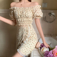 Load image into Gallery viewer, Floral Puff Sleeve Short Slash Neck Crop Top + High Waist Split Floral Skirt Two Piece Sets Women Sweet Style Ensembles Femme