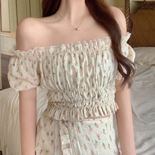 Load image into Gallery viewer, Floral Puff Sleeve Short Slash Neck Crop Top + High Waist Split Floral Skirt Two Piece Sets Women Sweet Style Ensembles Femme