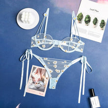 Load image into Gallery viewer, Floral Sexy Underwear Lace Up Panties and Bra See Through Sensual Women Lingerie Push Up Bras Open Cup Flower Embroider Costumes