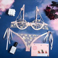 Load image into Gallery viewer, Floral Sexy Underwear Lace Up Panties and Bra See Through Sensual Women Lingerie Push Up Bras Open Cup Flower Embroider Costumes