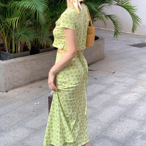 Floral Skirts Suits Women Summer French Vintage Cardigan Knitted Short-sleeved Top + High Waist Long Print Skirt Two-piece Sets