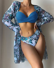 Load image into Gallery viewer, Floral Twist Low Waist Bikini Set Cover Up Swimsuit For Women Push Up Long Sleeve Three Pieces Swimwear 2023 Beach Bathing Suits