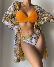 Load image into Gallery viewer, Floral Twist Low Waist Bikini Set Cover Up Swimsuit For Women Push Up Long Sleeve Three Pieces Swimwear 2023 Beach Bathing Suits