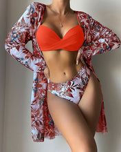 Load image into Gallery viewer, Floral Twist Low Waist Bikini Set Cover Up Swimsuit For Women Push Up Long Sleeve Three Pieces Swimwear 2023 Beach Bathing Suits
