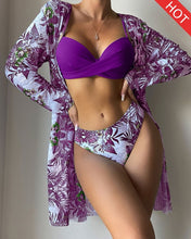 Load image into Gallery viewer, Floral Twist Low Waist Bikini Set Cover Up Swimsuit For Women Push Up Long Sleeve Three Pieces Swimwear 2023 Beach Bathing Suits