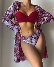 Load image into Gallery viewer, Floral Twist Low Waist Bikini Set Cover Up Swimsuit For Women Push Up Long Sleeve Three Pieces Swimwear 2023 Beach Bathing Suits