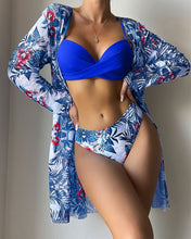 Load image into Gallery viewer, Floral Twist Low Waist Bikini Set Cover Up Swimsuit For Women Push Up Long Sleeve Three Pieces Swimwear 2023 Beach Bathing Suits