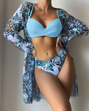 Load image into Gallery viewer, Floral Twist Low Waist Bikini Set Cover Up Swimsuit For Women Push Up Long Sleeve Three Pieces Swimwear 2023 Beach Bathing Suits