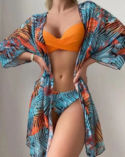 Load image into Gallery viewer, Floral Twist Low Waist Bikini Set Cover Up Swimsuit For Women Push Up Long Sleeve Three Pieces Swimwear 2023 Beach Bathing Suits
