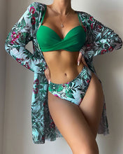 Load image into Gallery viewer, Floral Twist Low Waist Bikini Set Cover Up Swimsuit For Women Push Up Long Sleeve Three Pieces Swimwear 2023 Beach Bathing Suits