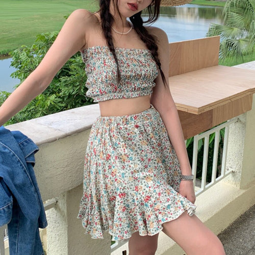 Floral Two-piece Sets Women Fashion Pleated Wooden Ear Tube Top + Vintage Folds Skirt Suits Ensembles Femme Conjuntos De Vestido