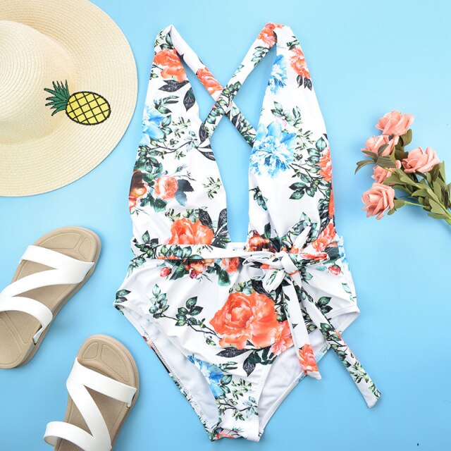 Floral Waist Tie Bikini Swimsuit Women Jump Suits for Women Swimming Suit for Women