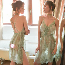 Load image into Gallery viewer, Flower Embroidery Deep V Suspender Sleepwear Women Sexy Lingerie Lace High Split Nightdress Homewear Lingerie Nightgowns