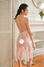 Load image into Gallery viewer, Flower Embroidery Deep V Suspender Sleepwear Women Sexy Lingerie Lace High Split Nightdress Homewear Lingerie Nightgowns