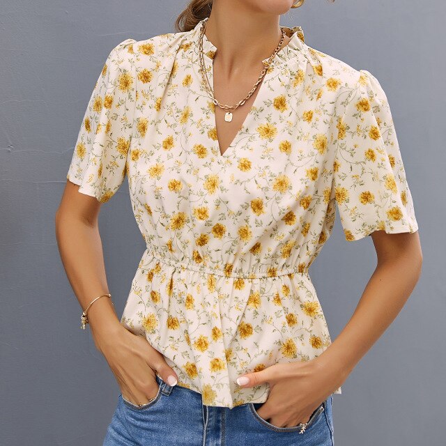 Flower Print Puff Sleeve Female Tops Ruffled V Neck Elastic Waist Short Sleeved Tee E Girl  T Shirt for Women Streetwear