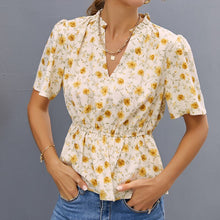 Load image into Gallery viewer, Flower Print Puff Sleeve Female Tops Ruffled V Neck Elastic Waist Short Sleeved Tee E Girl  T Shirt for Women Streetwear